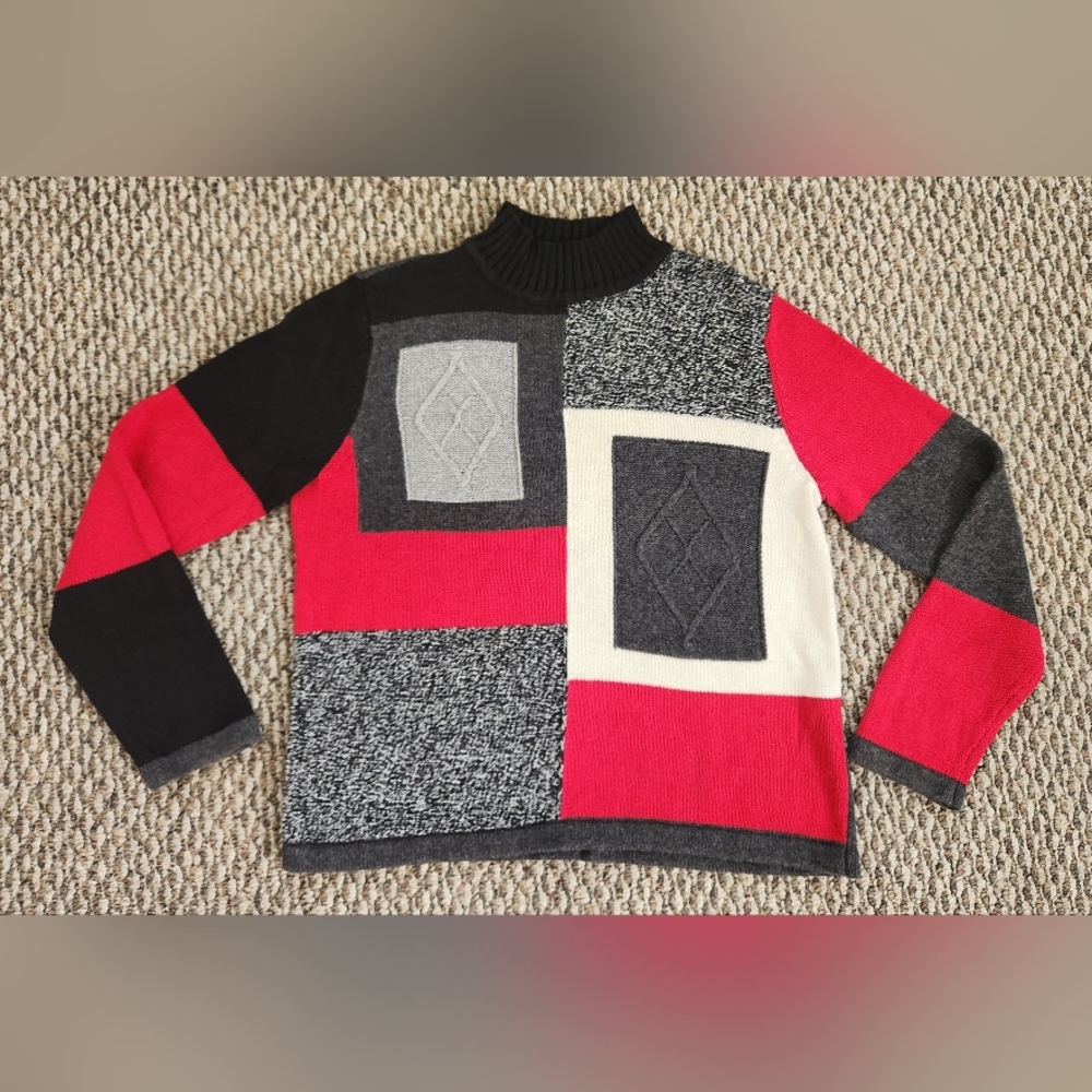 Liz Claiborne Red and Black Colorblock Turtleneck Sweater